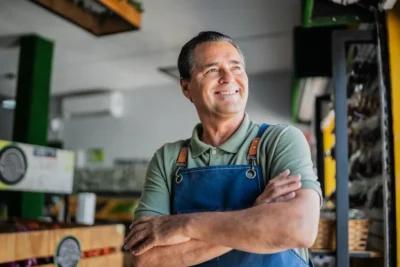 A man in a green short-sleeved shirt and blue overalls is standing and smiling with his arms crossed inside a small home improvement retail shop